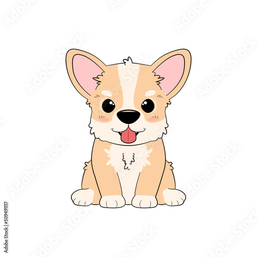 Słodki uśmiechnięty szczeniak Welsh Corgi Pembroke. Mały uroczy zwierzak. Ilustracja wektorowa w płaskim stylu.