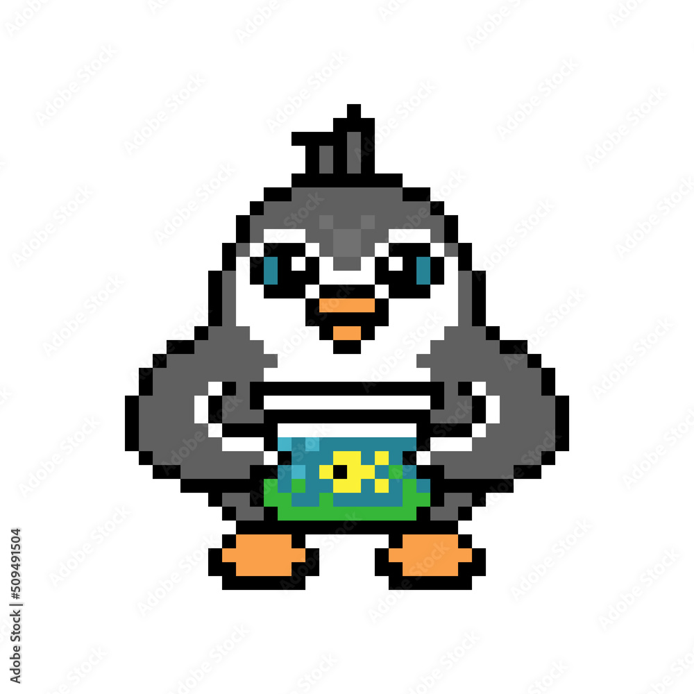 Penguin holding aquarium with a goldfish, pixel art animal character isolated on white background. Old school retro 80s, 90s 8 bit slot machine, video game graphics. Cartoon pet care mascot. Penguin holding aquarium with a goldfish, pixel art animal character isolated on white background. Old school retro 80s, 90s 8 bit slot machine, video game graphics. Cartoon pet care mascot.