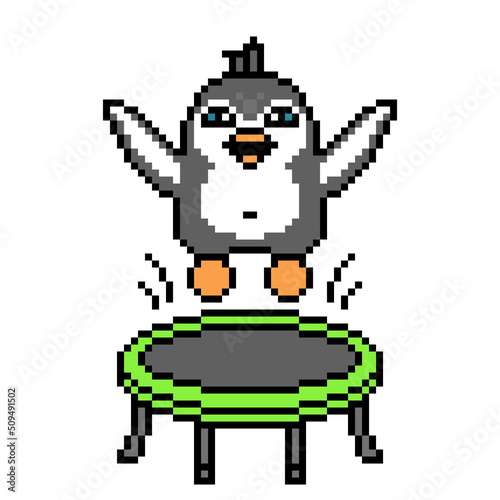 Penguin bouncing on a trampoline, pixel art animal character on white background. Retro 80s, 90s 8 bit slot machine, video game graphics. Cartoon jumping sport mascot. Kid activity. Gymnastics acrobat