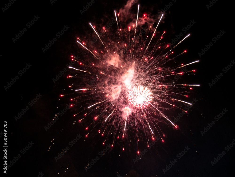 Fototapeta premium Fireworks display in the port town. low light