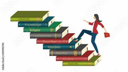 Woman running in stairs of books. Education and development. Isolated on white background. Vector illustration. Change titel on books if you like, its easy.