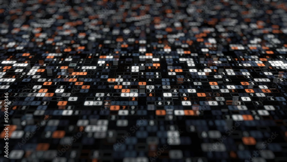 Fototapeta premium Abstract animation with plenty of digits changing their values on the black background. Animation. Data and number values passing through cyberspace