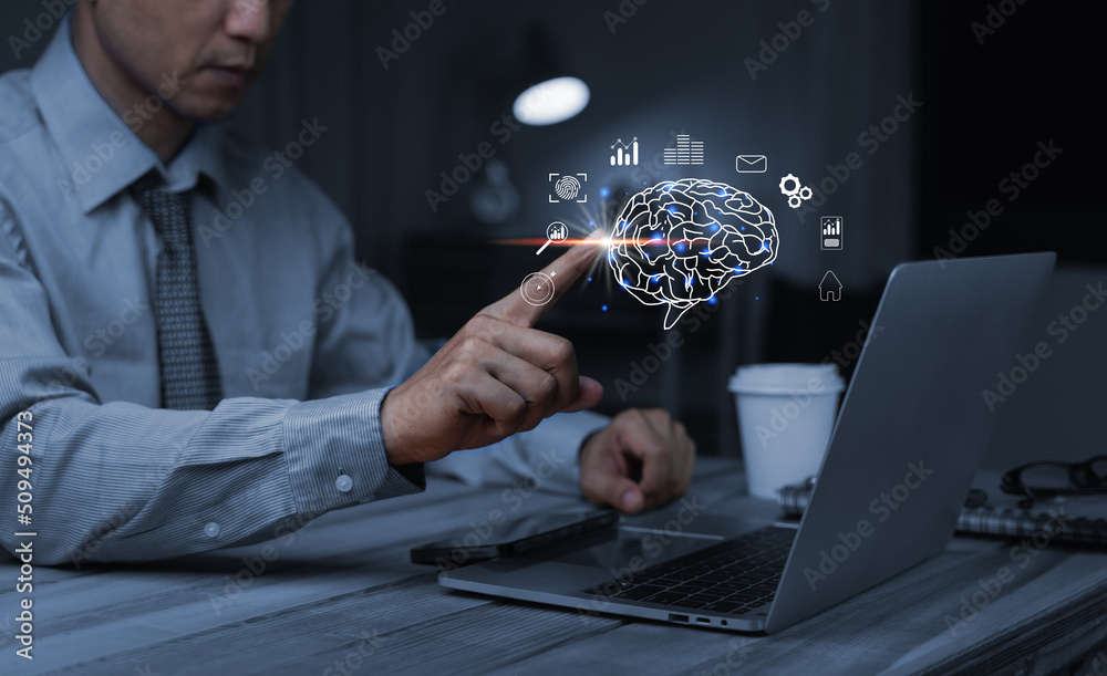 A Businessman Chat with AI, Artificial Intelligence. Man using technology smart robot AI, entering command prompt for generates something, Futuristic technology transformation concept.