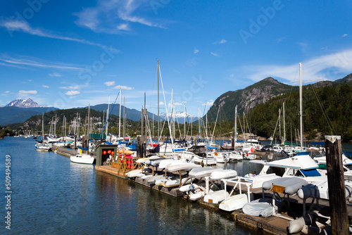 Squamish, British Columbia, Canada waterfront marina in Howe Sound with Garibaldi Mountain in the background.