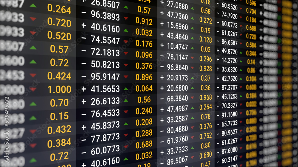 Fototapeta premium Abstract financial stats on computer screen. Animation. Close up of information in changing numbers about stock market and trading, business concept.