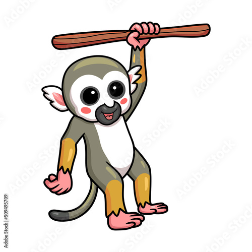 Cute little squirrel monkey cartoon hanging on tree