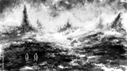 Photos Two people walking on scorched earth