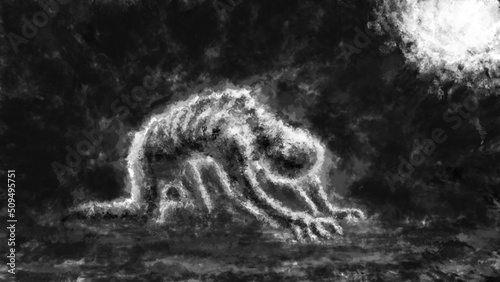 Scary man turns into werewolf on full moon. Spooky demon illustration in horror fantasy genre. Gloomy character from nightmares. Coal and noise effect. Black and white background colors.