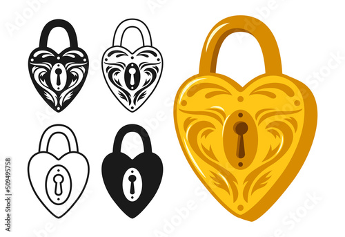 Lock heart shaped golden old icon set. Padlock for safety security vintage symbol protection design element. Metal cartoon shiny locks sign for logo, game, web or app ui locking privacy encryption