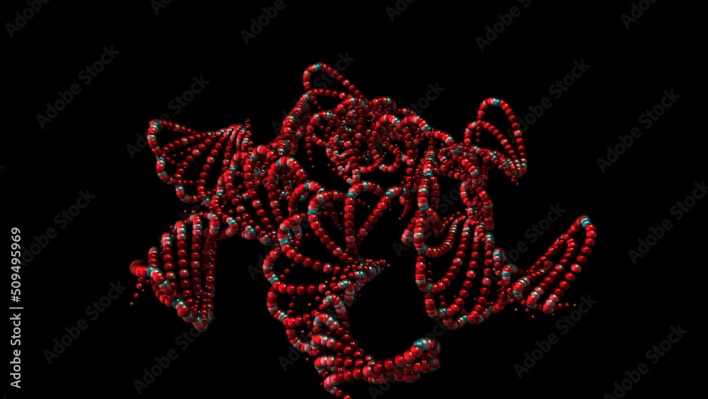 3d abstraction of multicolored patterns of small beads rotating and floating on the black background. Animation. 3d beaded decorations