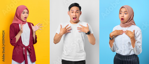 Collection of shocked young Asian people with opened mouths and reacting to flash sales isolated on colorful background