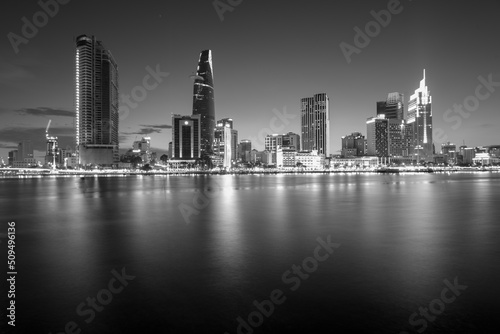 Panorama landscape photo: View of buildings located on the Saigon River.Time: June 5, 2022. Location: Ho Chi Minh City.   © LE MINH TRI