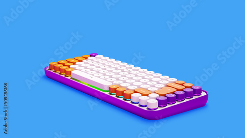 Gaming keyboard with RGB light. Rainbow keyboard  isolated on a blue background. 3D render. Equipment for gamers  an advertising banner