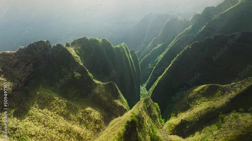 Epic green nature background. Wanderlust aerial footage of pure untouched wilderness of NaPali nature park on Kauai island, Hawaii USA. Breathtaking greenery landscape with steep mountain ridge slopes