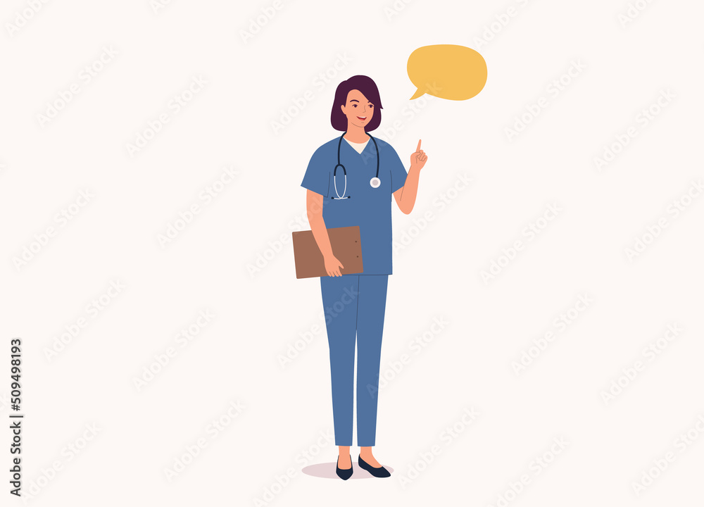 One Smiling Female Nurse In Medical Scrubs Uniform And Stethoscope Talking With One Finger Pointing Up. Full Length. Character, Cartoon.
