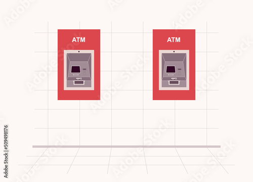 Two ATM Machine Outside Building Wall. Outdoor Automated Teller Machine.