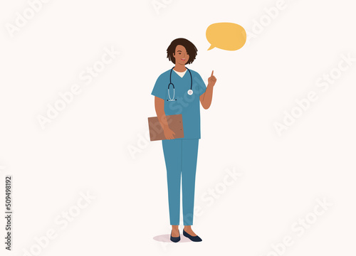 One Smiling Black Female Nurse In Medical Scrubs Uniform And Stethoscope Talking With One Finger Pointing Up. Full Length. Character, Cartoon.