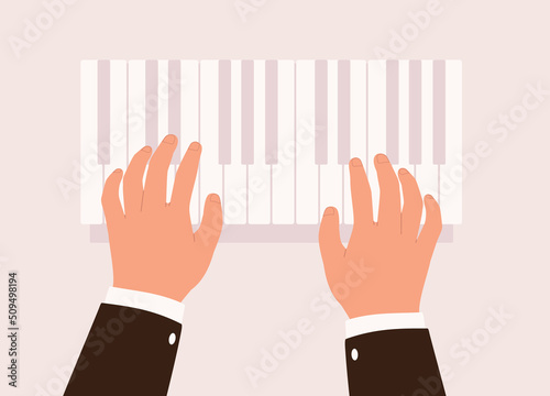 Male’s Hand With Formalwear Playing Piano Keys. Close-Up. Character, Cartoon.