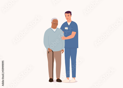 Smiling White Male Nurse With Medical Scrubs Helping Black Senior Man. Full Length. Character, Cartoon.