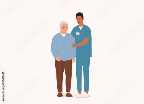 Smiling Black Male Nurse With Medical Scrubs Helping White Senior Man. Full Length. Character, Cartoon.