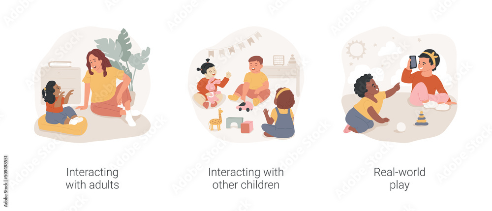Toddlers social and emotional skills isolated cartoon vector illustration set. Interacting with adults and other children, real-world play, early childhood development, kindergarten vector cartoon. - obrazy, fototapety, plakaty 