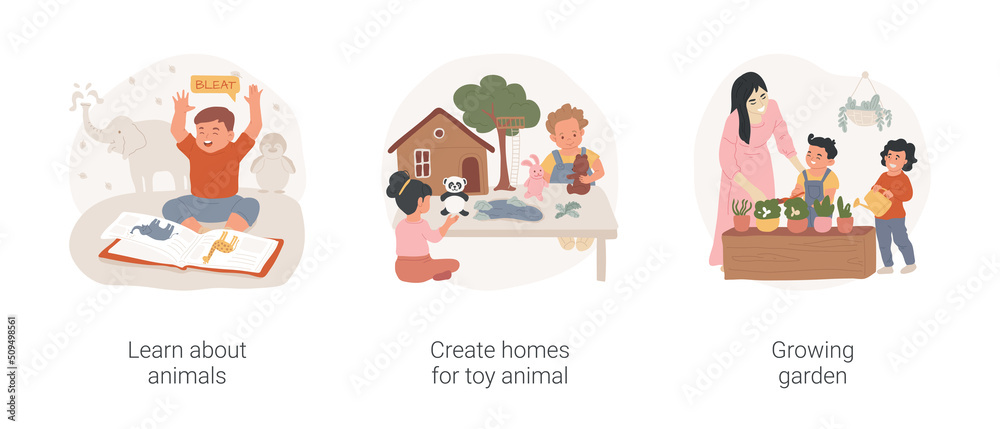 Toddler learning and mental skills isolated cartoon vector illustration set. Learn about animals, create homes for toy animal, growing garden, learn through play, early education vector cartoon.
