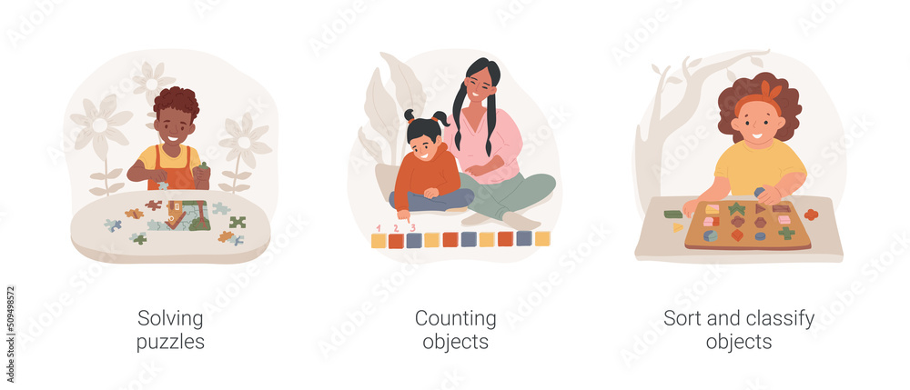 Toddler mental development isolated cartoon vector illustration set. Solving puzzles, counting objects, sort and classify different shapes, problem-solving game, creative thinking vector cartoon. Toddler mental development isolated cartoon vector illustration set. Solving puzzles, counting objects, sort and classify different shapes, problem-solving game, creative thinking vector cartoon.