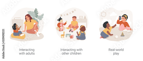 Toddlers social and emotional skills isolated cartoon vector illustration set. Interacting with adults and other children, real-world play, early childhood development, kindergarten vector cartoon.