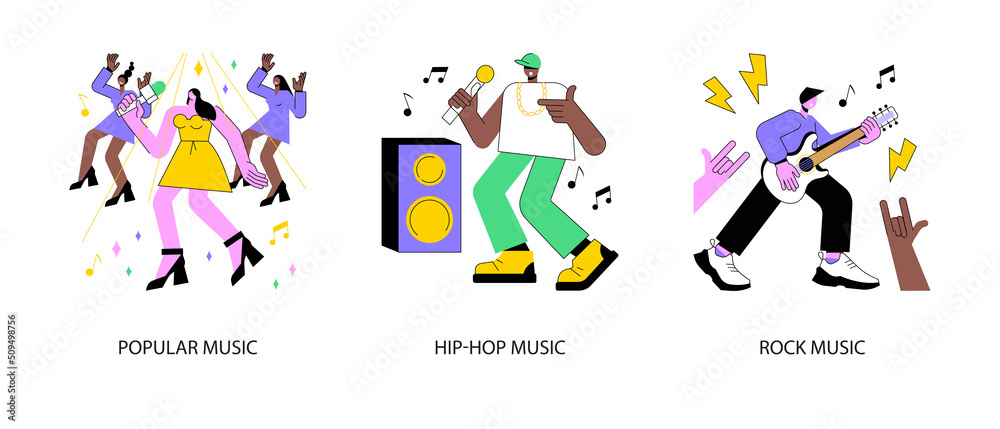 Music culture abstract concept vector illustration set. Popular singer, hip-hop and rock music, top chart artist, musical band production, recording studio, sound mastering abstract metaphor.