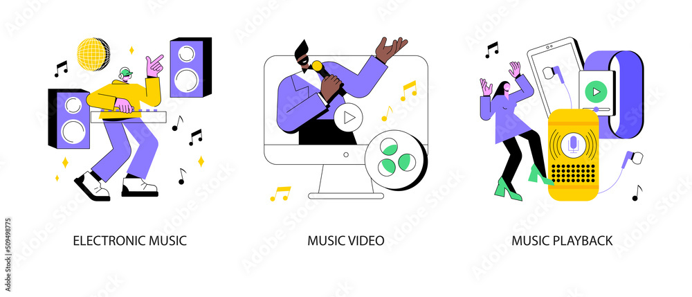 Fototapeta premium Music industry abstract concept vector illustration set. Electronic music, videoclip production, recorded audio broadcasting, internet streaming, night club party, rave culture abstract metaphor.