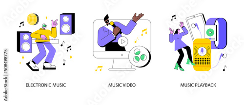 Music industry abstract concept vector illustration set. Electronic music, videoclip production, recorded audio broadcasting, internet streaming, night club party, rave culture abstract metaphor.