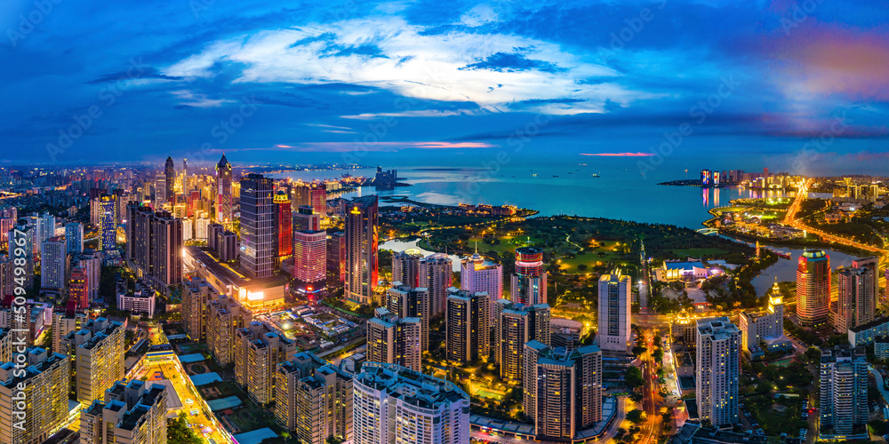 Landmark Skyscrapers Night View in the Downtown Area of Haikou City, Hainan Pilot Free Trade Zone and Free Trade Port of China.