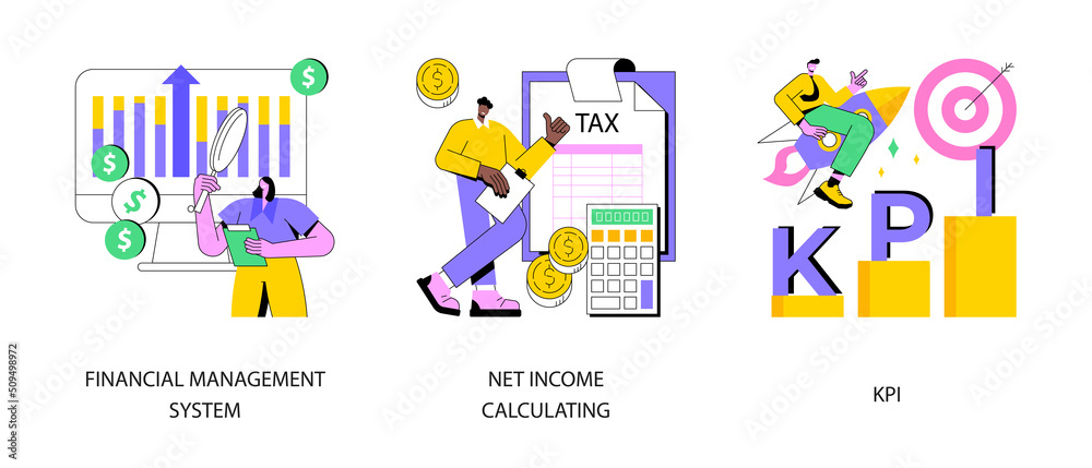 Fototapeta premium Corporate profit abstract concept vector illustration set. Financial management system, net income calculating, KPI success measurement, company growth, budget planning, dashboard abstract metaphor.