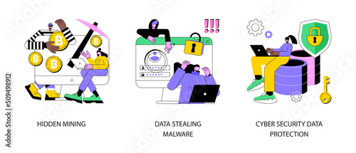 Cyber crime abstract concept vector illustration set. Hidden mining, data stealing malware, cyber security data protection, miner bot, script development, hacker attack, cyberattack abstract metaphor. © Vector Juice