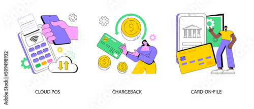 Retail software abstract concept vector illustration set. Cloud POS, chargeback, card-on-file, sale and transaction data storage, pay back, bank account, money transfer, purchase abstract metaphor.