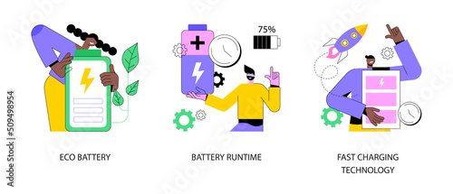 Rechargeable battery abstract concept vector illustration set. Eco battery runtime, fast charging technology, energy capacity, storage technology, environmentally friendly solution abstract metaphor.