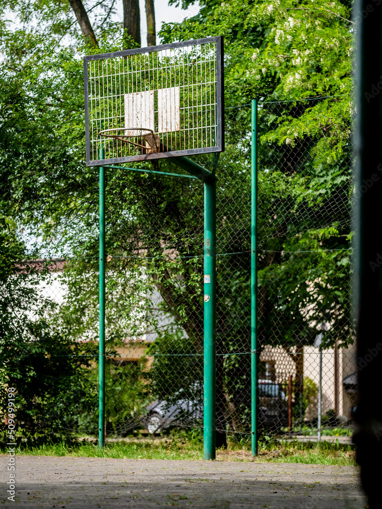 kosz do gry w koszykówkę na boisku sportowym pośrodku parku wokół drzew, zielony klimat zachodnia polska - obrazy, fototapety, plakaty 