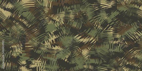 Seamless military or hunting camouflage pattern in army green and forest brown. A tileable abstract tiger stripe glass refraction artistic contemporary camo texture. High Resolution 3D Rendering..