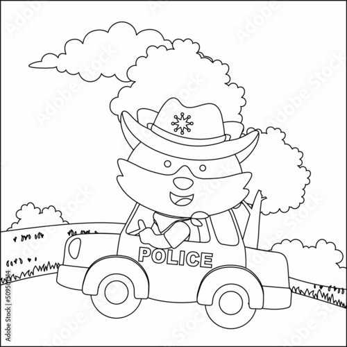 Cute little police fox driving a car go to downtown funny animal cartoon,  Trendy children graphic with Line Art Design Hand Drawing Sketch Vector illustration For Adult And Kids Coloring Book.