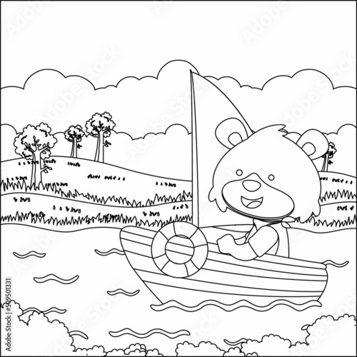 Funny fox cartoon vector on little boat with cartoon style, Trendy children graphic with Line Art Design Hand Drawing Sketch For Adult And Kids Coloring book or page