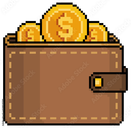 Pixel art wallet with coins. Save money vector icon for 8bit game on white background
