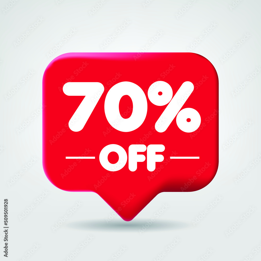 Sale of special offers. Discount with the price 70 OFF percentage. An ad with a red label for a day-of-purchase retail advertising campaign. 3D vector illustration. Sale of special offers. Discount with the price 70 OFF percentage. An ad with a red label for a day-of-purchase retail advertising campaign. 3D vector illustration.