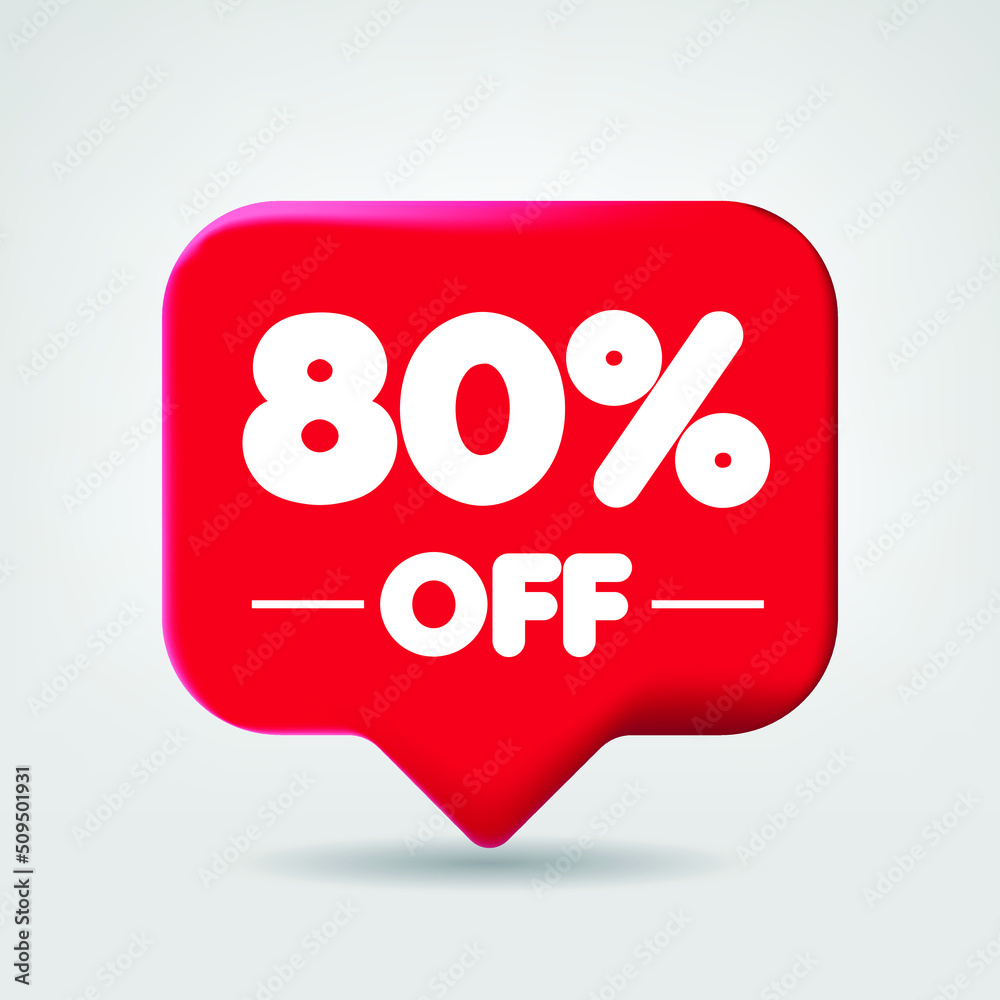 Sale of special offers. Discount with the price 80 OFF percentage. An ad with a red label for a day-of-purchase retail advertising campaign. 3D vector illustration. Sale of special offers. Discount with the price 80 OFF percentage. An ad with a red label for a day-of-purchase retail advertising campaign. 3D vector illustration.