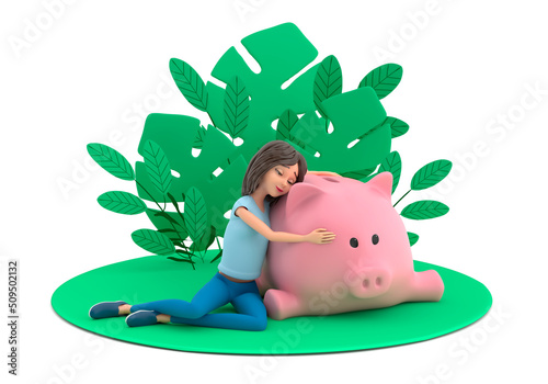A young woman smiling hugs a pig lying on its belly piggy bank. The concept of saving money. 3D Render