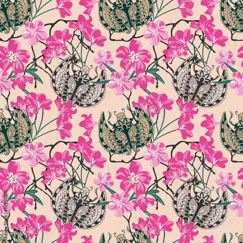 Seamless pattern with egyptian scarab and beautiful oleander flowers.