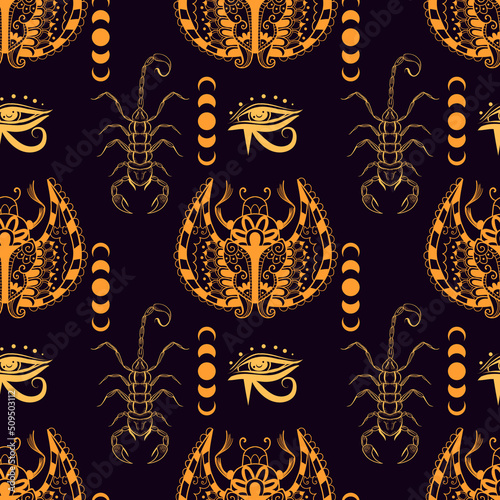 Seamless egyptian pattern of scarab with scorpion, moon. Alchemy and astrology vibes.