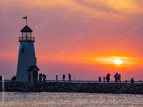 Sunset view of the lighthouse of Lake Hefner