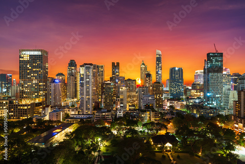 buildings cityscape near Witthayu road with sunset at twilight in Bangkok city, Thailand