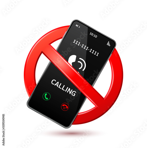 No calling mobile phone with prohibition sign red isolated on white background. Don't use mobile while driving a car. Icon 3D vector Illustration.