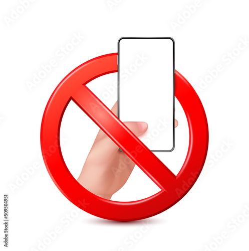 No calling mobile phone with prohibition sign red isolated on white background. Smartphone blank screen empty space for advertise text. Icon 3D vector Illustration.